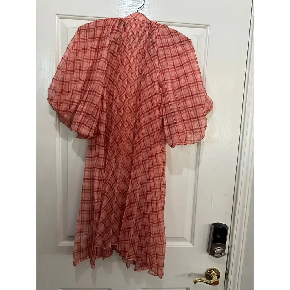 Acler Preston Mini Dress Flowy Pleated Silhouette Plaid Print Orange Size 4 - Picture 3 of 8